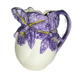 Vintage Hand-Painted Ceramic Pitcher With Purple Floral Design 3D Detailing 7"
